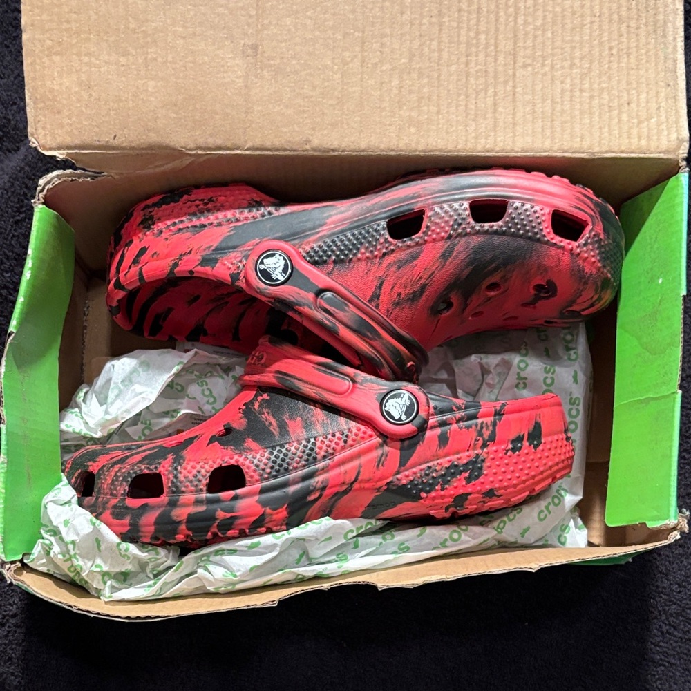 CROCS Kids Red and Black Patterned Sandals